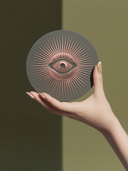 Round ceramic coaster featuring a sage green background with a detailed rose gold Evil Eye symbol in the center, surrounded by radiating metallic rays in a sunburst pattern.
